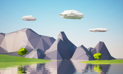 low poly mountain landscape with water