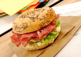 School lunch: salami bagel sandwich