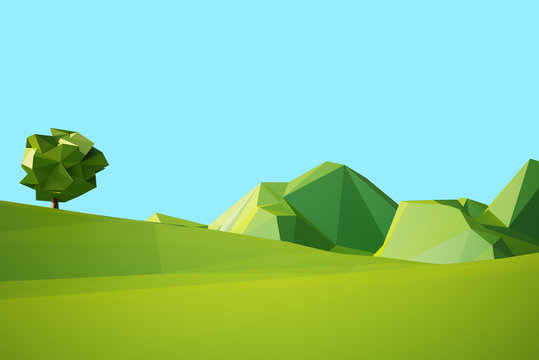 low poly landscaped with lawn and trees