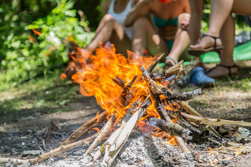 Bonfire in the forest. Happy holidays.