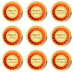 Runder Made in Buttons in rot auf weißem Hintergrund