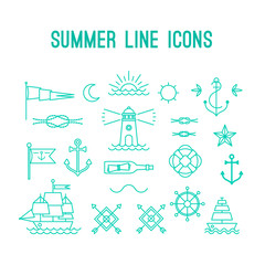 Fototapeta na wymiar Summer line icon set. Nautical design elements in retro tattoo