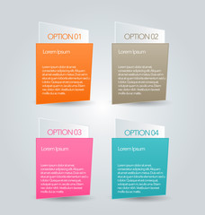 Business infographics template for presentation, education, web design, banners, brochures, flyers. Orange, brown, pink, blue color tabs. Vector illustration.