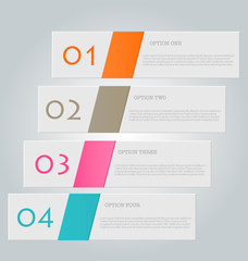 Business infographics template for presentation, education, web design, banners, brochures, flyers. Orange, brown, pink, blue color tabs. Vector illustration.