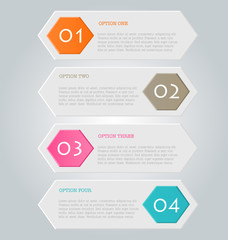 Business infographics template for presentation, education, web design, banners, brochures, flyers. Orange, brown, pink, blue color tabs. Vector illustration.