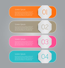 Business infographics template for presentation, education, web design, banners, brochures, flyers. Orange, brown, pink, blue color tabs. Vector illustration.