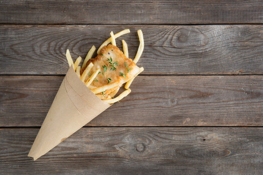 Top View Fish And Chips Wrapped In Cone