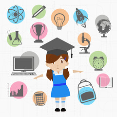 Colorful educational elements with educated girl.