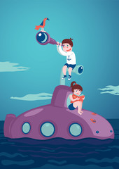  Journey and Adventure. Girl with a book and boy with a telescope  are siting on a submarine. 