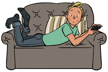 Funny vector cartoon  teen playing with game consol