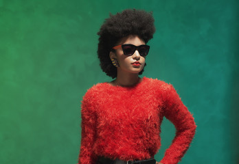 stylish woman in red tops with sunglasses