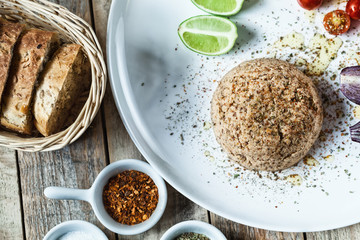 Pate and cherry tomatoes with spices, bread and wine