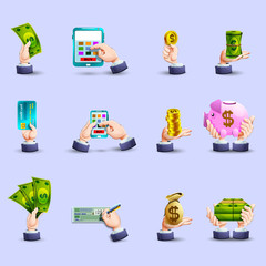 Hands payment flat icons set