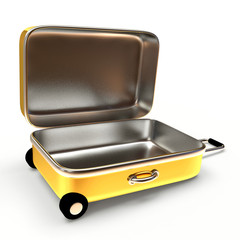 Open empty golden suitcase isolated on white background