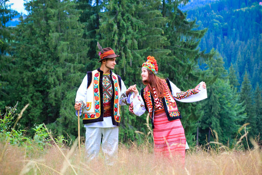 couple in traditional hutsul costumes in western ukraine