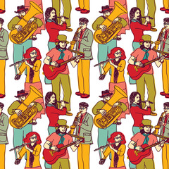Group street musicians seamless color pattern