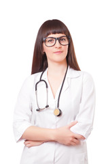 Woman  in a white lab coat and glasses