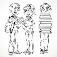 Schoolboys with textbooks and backpacks talk line drawing isolat