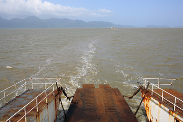 rear of the ferry. A boat across to Koh Chang in Thailand