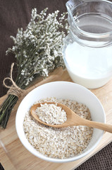 oatmeal breakfast with milk jug