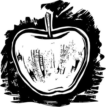 A Black And White Woodcut Style Drawing Of A Apple.