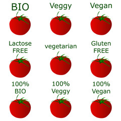 Tomaten Button rot mit Text auf weißem Hintergrund