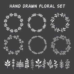 Vintage set of hand drawn rustic wreaths and floral elements. Floral vector graphic. Great for wedding and greeting cards decor

