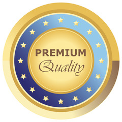 Runder Premium Quality Button in blau auf weißem Hintergrund