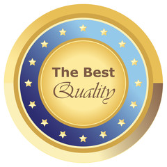 Runder The Best Quality Button in blau auf weißem Hintergrund