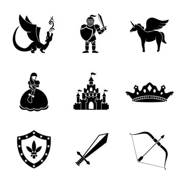 Set of monochrome fairytale, game icons with - sword, bow