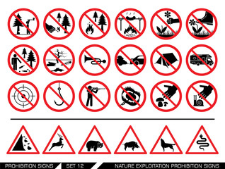 Set of nature exploitation prohibition signs. Collection of prohibition signs. Exploitation of nature banned. National Parks are protected areas.