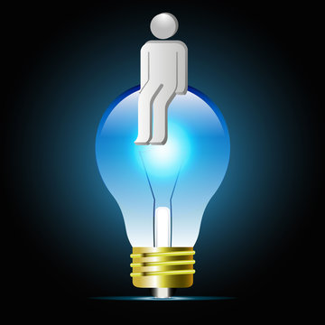Glowing blue light bulb with human shape. Bulb light idea