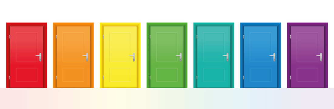 Seven colorful doors. Isolated vector illustration on white background.