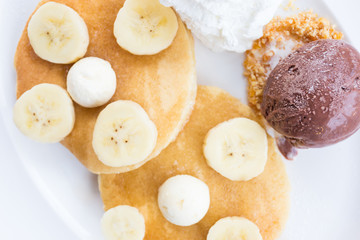 banana pancake with chocolate ice cream