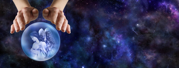 Fortune teller with Crystal Ball and Angel Helper - Pair of female hands hovering over crystal ball...
