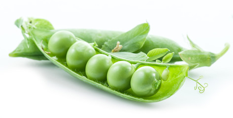 Open pea pod on a white background.