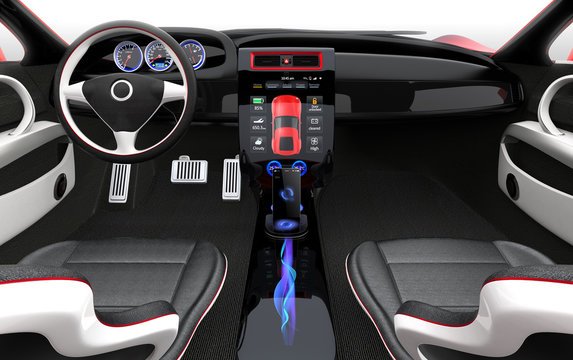 Futuristic electric vehicle dashboard and interior design.