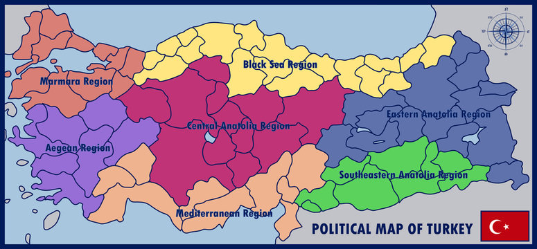Political Map of Turkey with Flag