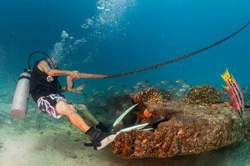 Diver holding boat anchor from underwater