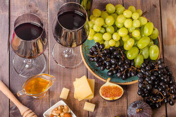 Grape and cheese variety with a red wine