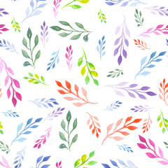 Seamless floral pattern with bright colorful leaves on the branches painted in watercolor on a white background