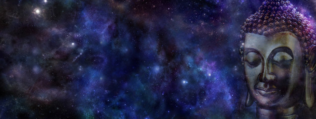 Buddha on deep space background  website header -  Wide deep blue night sky with a cropped head of Buddha on right hand side and plenty of copy space on left   