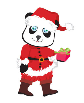 cute panda bear in red Santa's costume isolated