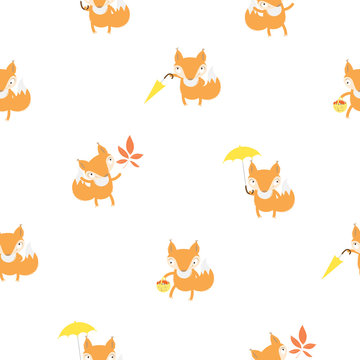 Autumn seamless pattern with proteins, umbrellas and autumn leaves on a white background.