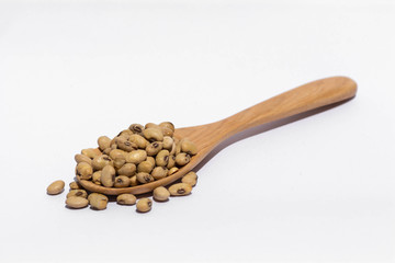 Roasted soy salt in wooden spoon.On a white background.
