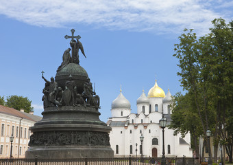 Fototapeta na wymiar Russia, Great Novgorod. Monument Millennium of Russia and Sofia cathedral..