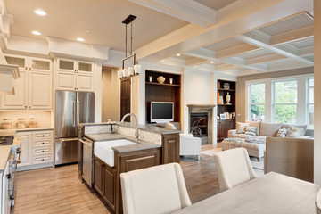 Beautiful living room with hardwood floors, fireplace and couch in new luxury home; view of kitchen