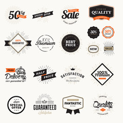 Set of vintage premium quality badges and stickers. Vector illustrations for e-commerce, product promotion, advertising, sell products, discounts, sale, clearance, the mark of quality.