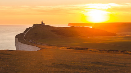 Panoramic view of Seven Sisters cliffs at sunset