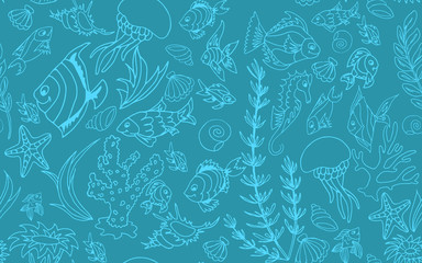 Seamless pattern with different tropical fish